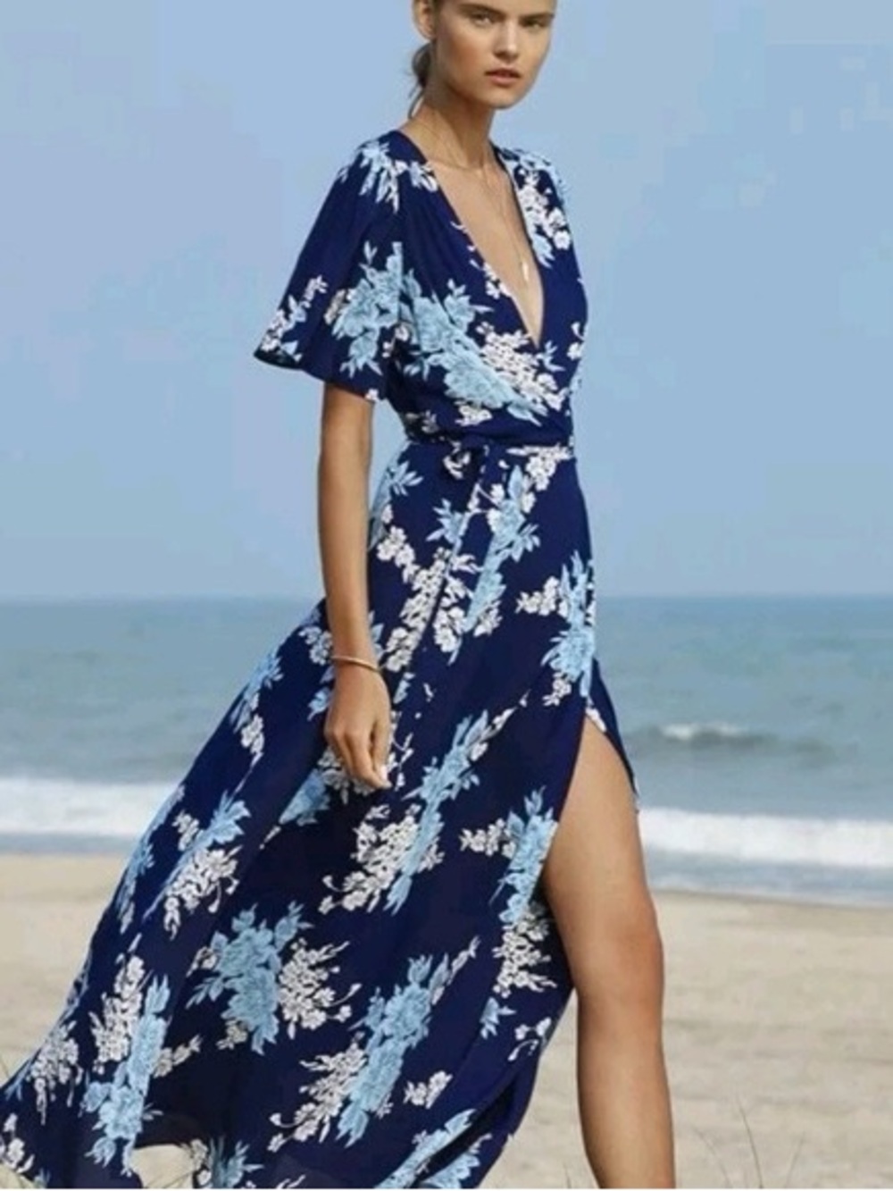Privacy Please Plaza Maxi Dress Navy Blue Floral Wrap V-Neck Flutter Sleeve S